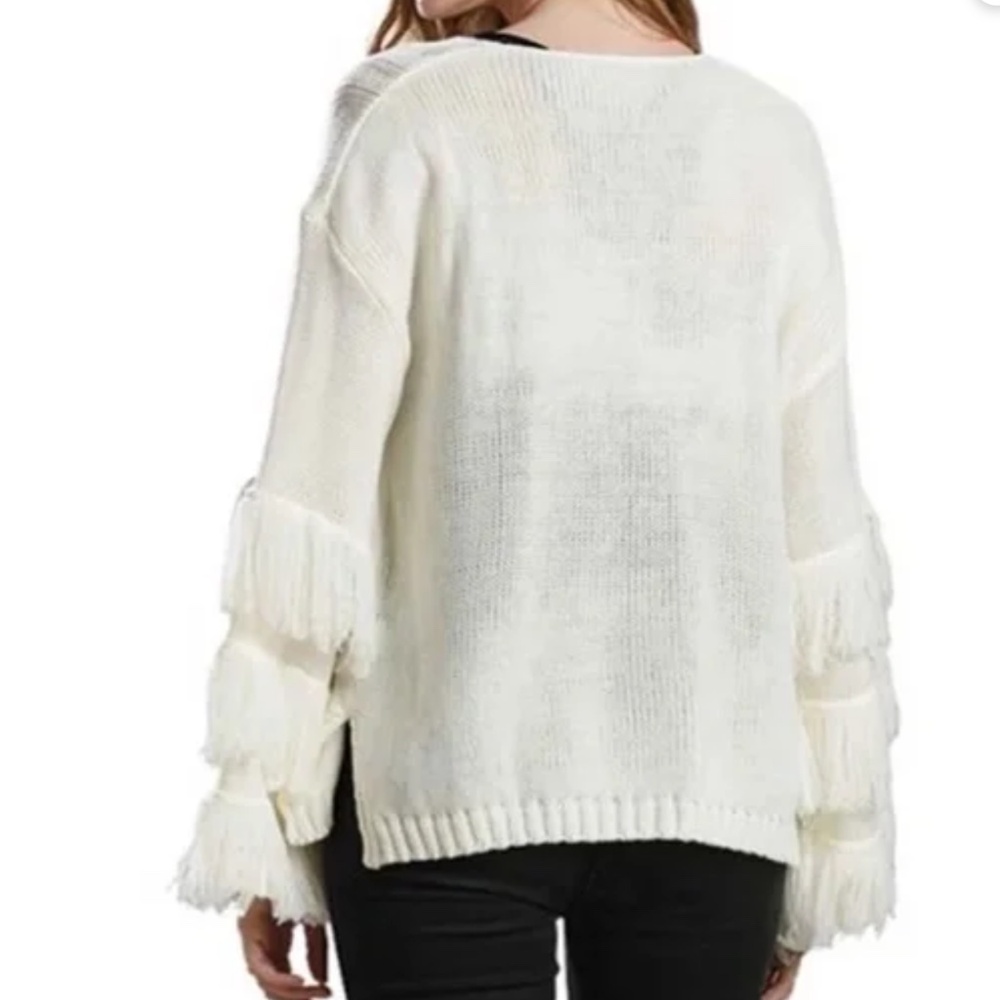 Women’s VNeck Cable Panel Detail Fringed Sweater in Ivory sz S EUC - Picture 6 of 8